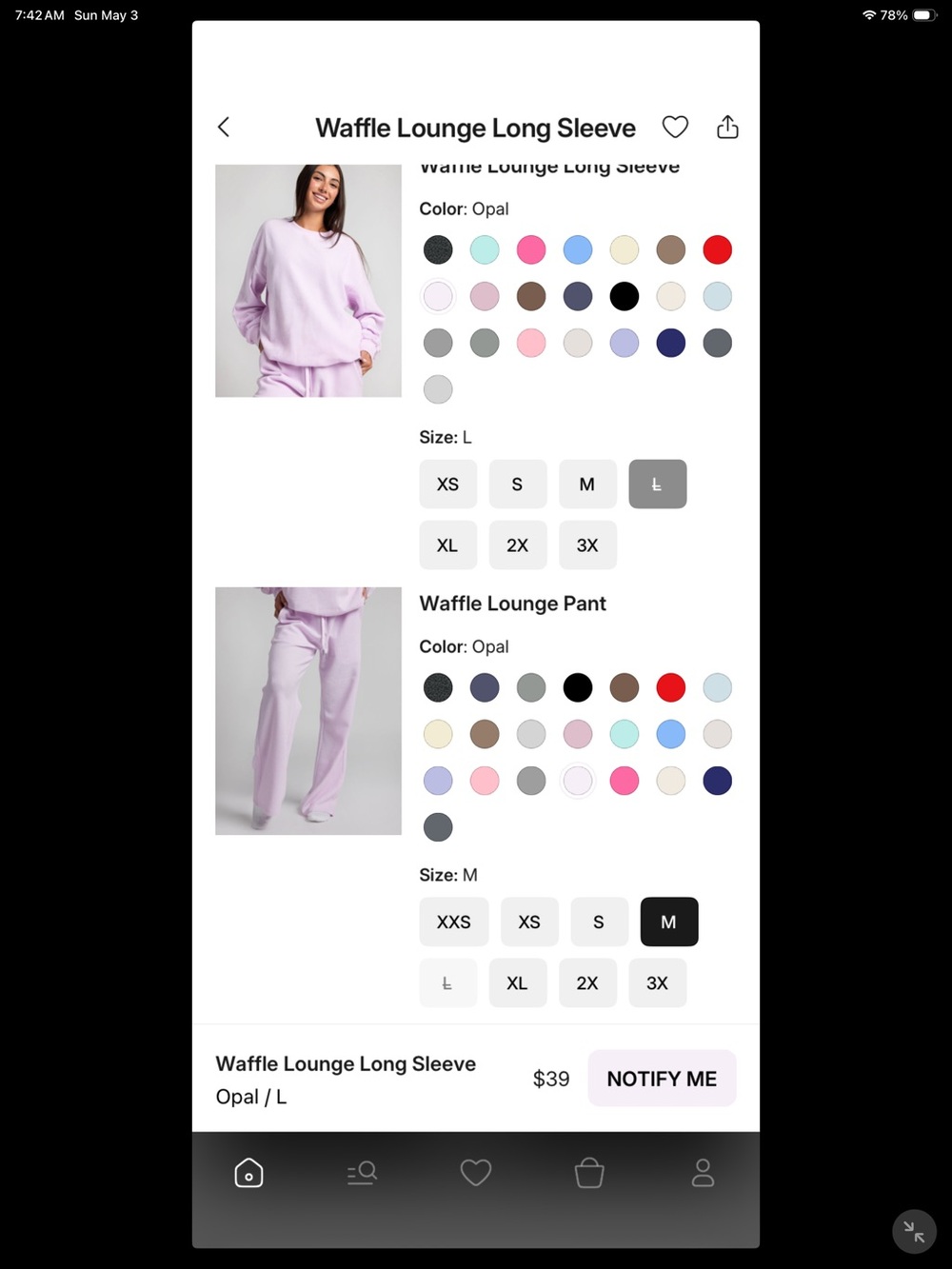 Opal Waffle Knit Loungewear Set top L bottom M
